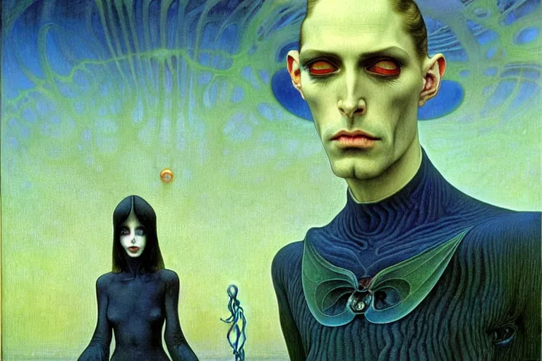 Image similar to realistic extremely detailed portrait painting of an elegantly creepy vampire man in cape, futuristic sci-fi landscape on background by Jean Delville, Amano, Yves Tanguy, Alphonse Mucha, Ernst Haeckel, Edward Robert Hughes, Roger Dean, rich moody colours, blue eyes