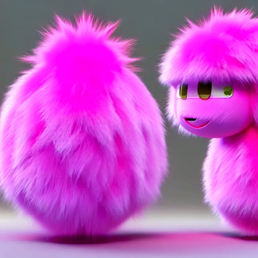 Image similar to high quality 3 d render hyperrealistic very cute pink big spherical creature, plush mascot, short spiky dense fluffy smooth hair, isometric 3 d, psychedelic lighting pink fluffy fur, 1 5 0 mm, beautiful natural soft light, rim light, smooth background, artstation, ultra detailed, elegant, ultra detailed, metallic armor, octane render