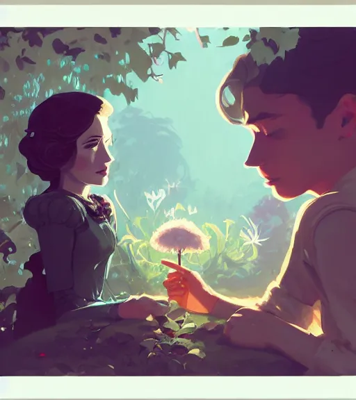 Prompt: a princess and a prince near face to face in the beautiful garden by atey ghailan, by greg rutkowski, by greg tocchini, by james gilleard, by joe fenton, by kaethe butcher, dynamic lighting, gradient light blue, brown, blonde cream and white color scheme, grunge aesthetic