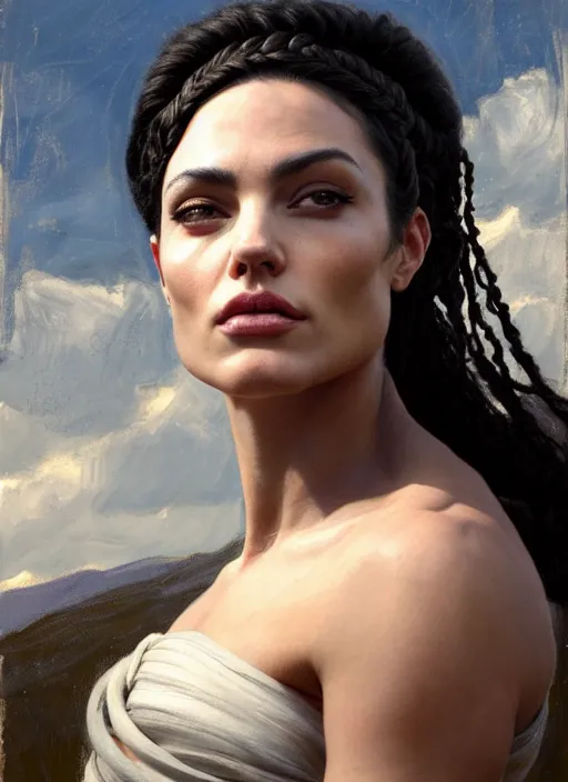 Prompt: angelina jolies face with a muscular upper body, with black braided hair as a greek goddess, countryside, calm, fantasy character portrait, dynamic pose, above view, sunny day, thunder clouds in the sky, artwork by jeremy lipkin and giuseppe dangelico pino very coherent asymmetrical artwork, sharp edges, perfect face, simple form, 1 0 0 mm
