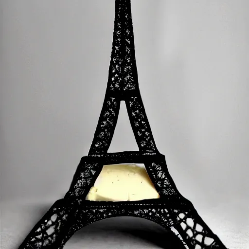 Image similar to Award winning photo 35mm of a cake that is made of a varieaty of cheese in the shape of the eiffel tower, tha cake is in the shape of the eiffel tower, all the cake structure is made of cheese and in format of the eiffel tower