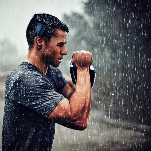 Image similar to a handsome young man working out in the rain, cyborg, photo, cybernetic implants