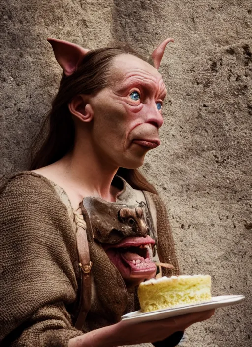 Image similar to closeup profile face portrait of a medieval goblin eating cakes in the cloisters, depth of field, zeiss lens, detailed, symmetrical, centered, fashion photoshoot, by annie leibovitz and steve mccurry, david lazar, jimmy nelsson, breathtaking, 8 k resolution, extremely detailed, beautiful, establishing shot, artistic, hyperrealistic, beautiful face, octane render