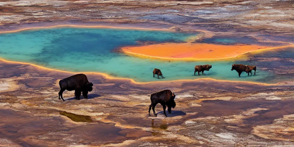 Image similar to bison and wolves swimming in grand prismatic spring