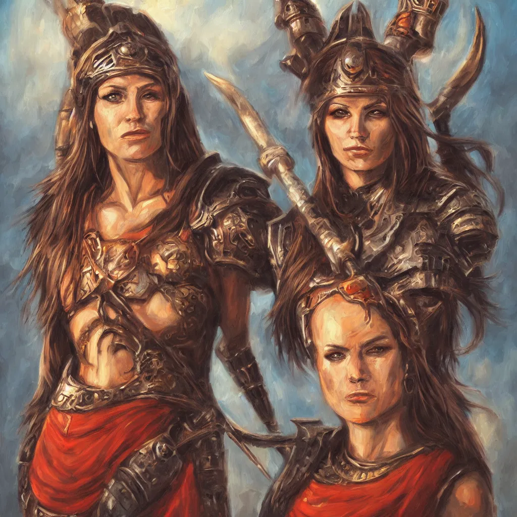 Image similar to portrait of the barbarian queen of saturn. oil on board, heroic fantasy art.