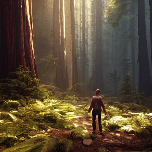 Image similar to starving man in a redwood forest, sunlit, octane render, matte, greg rutkowski, highly detailed, hdr