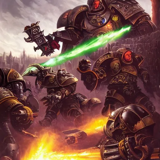 Image similar to Epic battle between Astartes and orcs in the world of Warhammer 40,000, retro futurism style