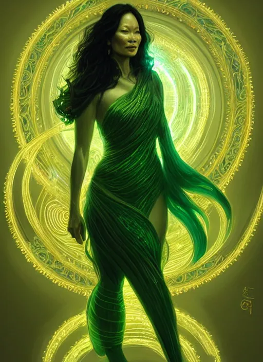 Image similar to lucy liu as green goddess, intricate, elegant, glowing lights, highly detailed, digital painting, artstation, full figure, glamor pose, concept art, smooth, sharp focus, illustration, art by artgerm and greg rutkowski, artey freytag