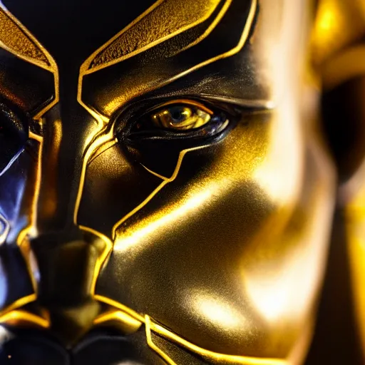 Image similar to a close up photo of a detailed golden statue of Black Panther, 8K,