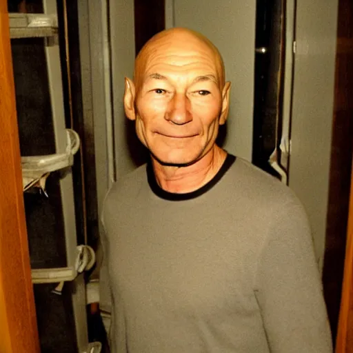 Prompt: grainy photo of patrick stewart as a creepy monster in a closet, harsh flash