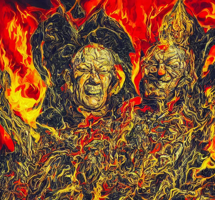 Image similar to yeltsin veneration sect, yeltsin on an icon in hellish style, scary art in color, art in 4 k