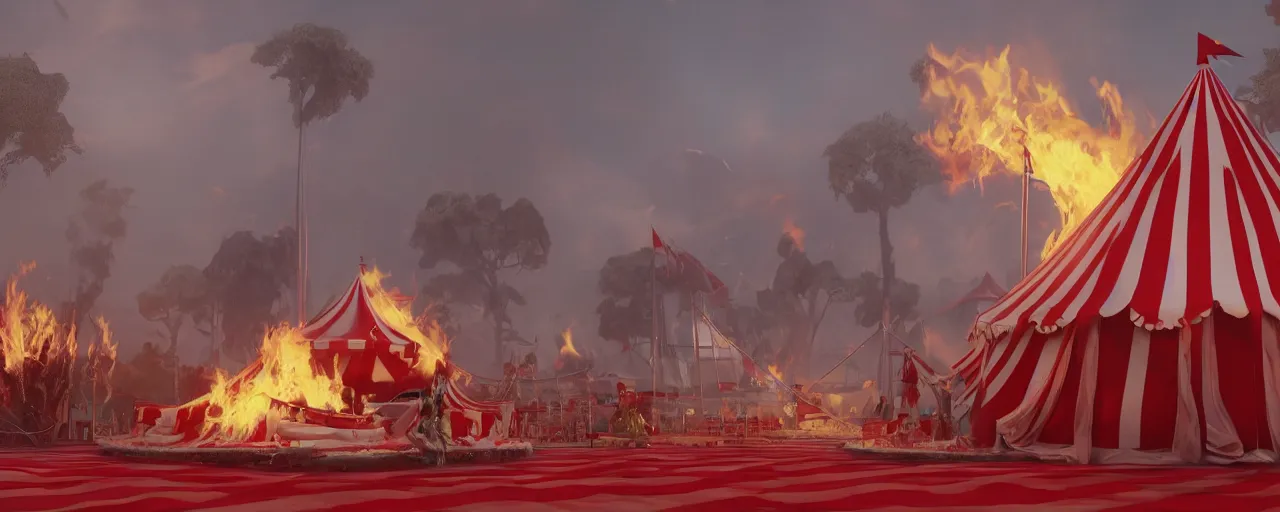 Prompt: red and white circus tent on fire, wide angle, matte painting, concept art, cgsociety, octane render, trending on artstation, artstationHD, artstationHQ, unreal engine, 4k, 8k