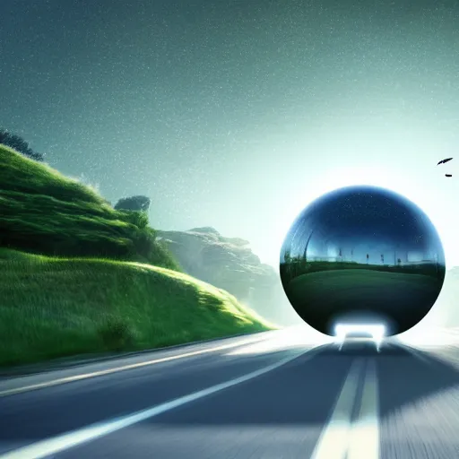 Prompt: a spherical car driving down the road with t - rex dancing behind it, smoky, green hills, many interstellar plants, futuristic concept design, atmospheric landscape, digital art, unreal engine, 8 k, cinematic level.