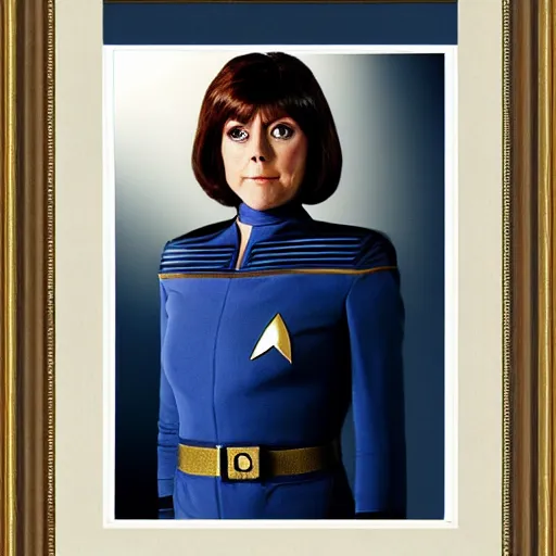 Prompt: a full body photograph of younger elisabeth sladen as a star fleet science officer from star trek next generation, full dress uniform, symmetrical face, extreme realism and detail, 8 k, completely framed, direct lighting, 3 5 mm photo, photorealistic, sharp focus