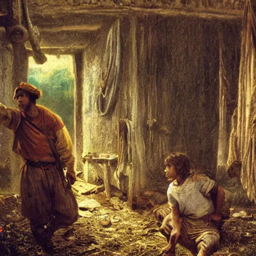 Image similar to jean francois millet as slum neighborhood on lord of the ring, random content position, human face details with, emotion, environment contents detail, incrinate, rgb color