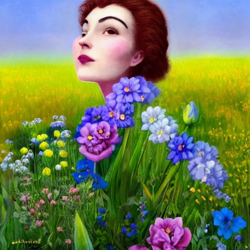 Prompt: a picture of a dreaming woman with flowers grow out of hair, roses peonies forget-me-nots dahlias lupins gladioli, sky theme in background by Elsa Beskow, Digital Art, Trending on artstation