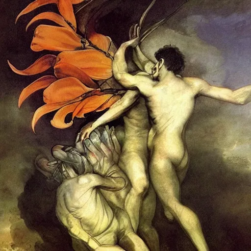 Prompt: close relationship between datura stramonium and men, mythical full of symbolism picture, hyper detailed, hyper realistic, warm colours, symbiosis, Francisco Goya style