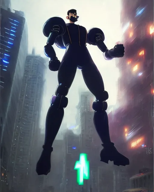Image similar to gigachad luigi charging ultimate attack fighting a scifi mech like one punch man wearing a suit in the city, fantasy character portrait, ultra realistic, anime key visual, concept art, intricate details, highly detailed by greg rutkowski, ilya kuvshinov, gaston bussiere, craig mullins, simon bisley