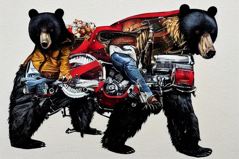 Prompt: a bear riding a Harley Davidson by Sandra Chevrier