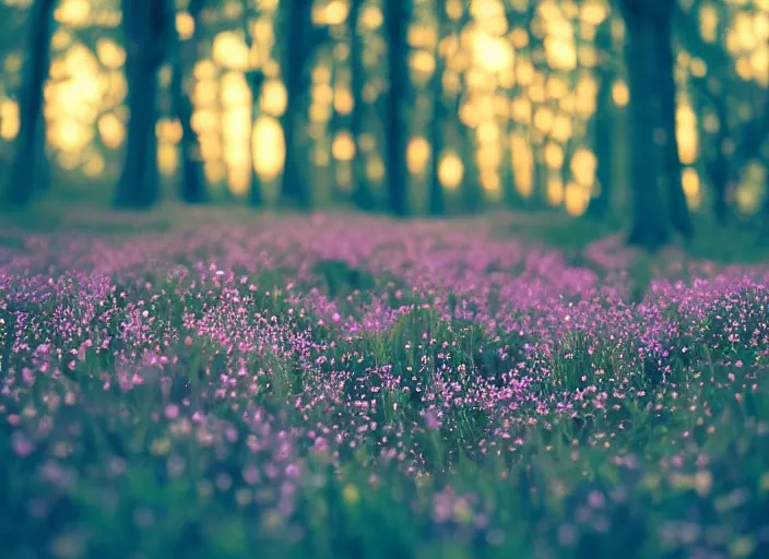 Image similar to a magical forest with delicate flowers that glow in the dusk, close up, bokeh,