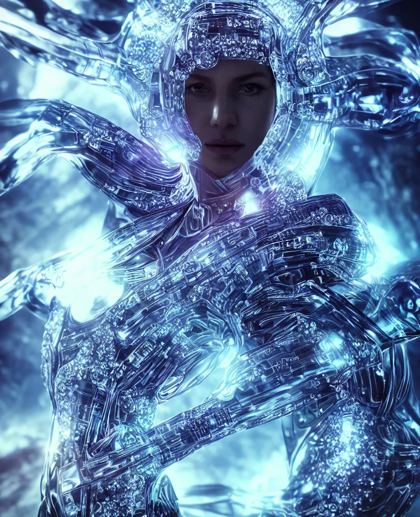 Image similar to epic futuristic ancient close-up macro portrait of the face of a beautiful princess, epic angle and pose, symmetrical artwork, 3d with depth of field, blurred background, cybernetic jellyfish crystal, obsidian, female face skull phoenix bird, translucent, nautilus, energy flows of water and fire. a highly detailed epic cinematic concept art CG render. made in Maya, Blender and Photoshop, octane render, excellent composition, cinematic dystopian brutalist atmosphere, dynamic dramatic cinematic lighting, aesthetic, very inspirational, arthouse. y Greg Rutkowski, Ilya Kuvshinov, WLOP, Stanley Artgerm Lau, Ruan Jia and Fenghua Zhong