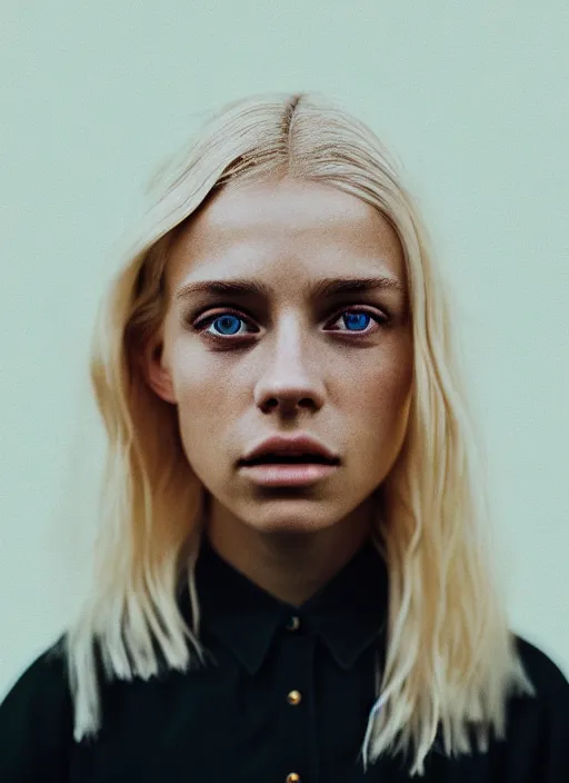 Prompt: Kodak Portra 400, 8K, highly detailed, photographic extreme close-up face of a pretty girl with blond hair , Low key lighting, photographed by Alessio Albi ,dark background, high quality,high contrast ,complementary colors ,Hasselblad X1D-50C, medium format, photo-realistic.