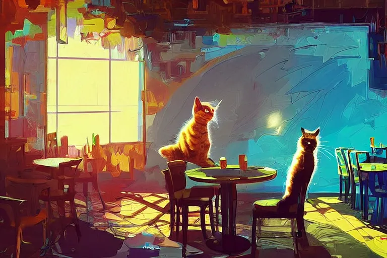 Image similar to a digital art of a cat sits on a chair in a bar in the afternoon, the sun shines in, animal, light effect, highly detailed, by anton fadeev