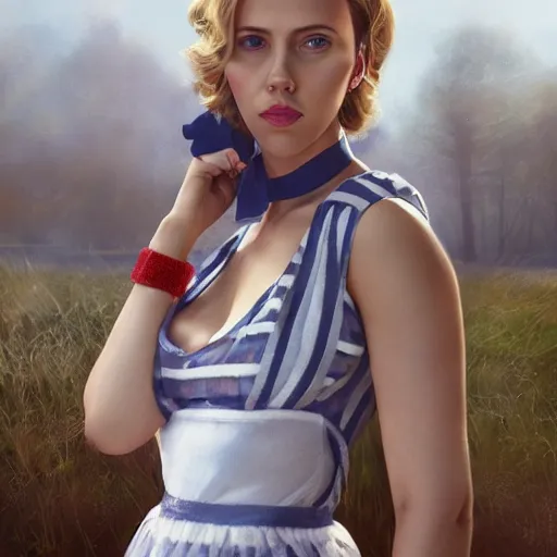 Prompt: fullbody portrait of scarlett johansson in white blue striped sleeveless, dress, russian ww 1 village at background, red bow in hair, style ivan talavera and artgerm, radiant lighting, hyper realistic, photorealistic, octane render, trending on artstation, cgsociety, cinematic light, global illumination