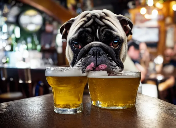 Prompt: a closeup, 4 5 mm, detailed photograph of a english bulldog drinking a beer on a bar - stool, sitting at a bar on a bar - stool, beautiful low light, 4 5 mm, by franz lanting