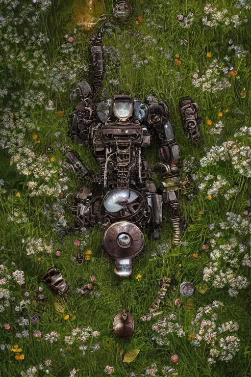 Image similar to a portrait of a broken mechanical steampunk robot laying in the meadow covered in plants by greg rutkowski, sung choi, mitchell mohrhauser, maciej kuciara, johnson ting, maxim verehin, peter konig, bloodborne, 8 k photorealistic, cinematic lighting, hd, high details, dramatic, dark atmosphere, trending on artstation