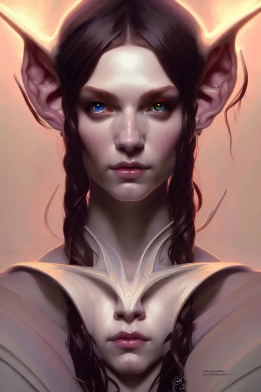 Image similar to symmetry!!! portrait of an elf, fantasy, complex, with a great figure, highly detailed, dynamic lighting, digital art, digital painting, artstation, wlop, clear focus, illustration, works by artgerm, greg rutkowski and alphonse mucha, 8 k