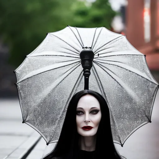 Image similar to morticia addams holding a parasol during a [ humid, rainy day ] as she saunters across the city, closeup!!!, photorealistic facial features, trending on artstation, 4 k photorealism, unsplash, shot by jimmy nelson