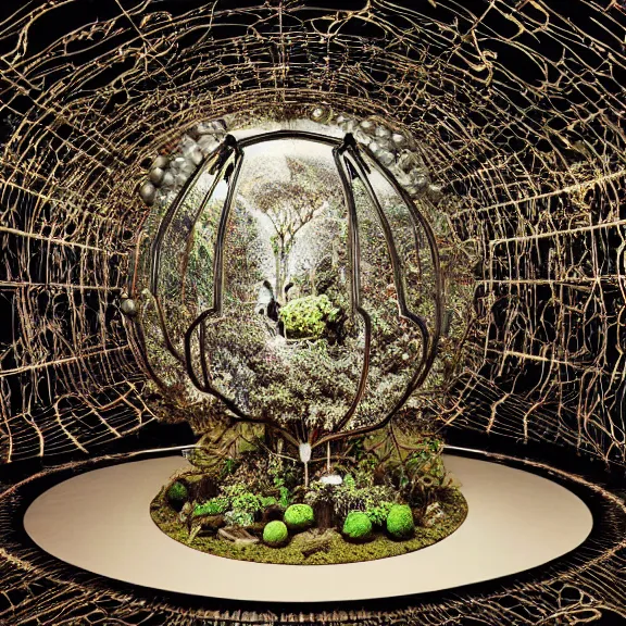 Image similar to symmetric frame from Prometheus, biomechanical gaia, by guo pei and alexander mcqueen metal couture editorial, in mycelium macro mushroom hanging garden by giger by utagawa kuniyoshi by Yuko Shimizu