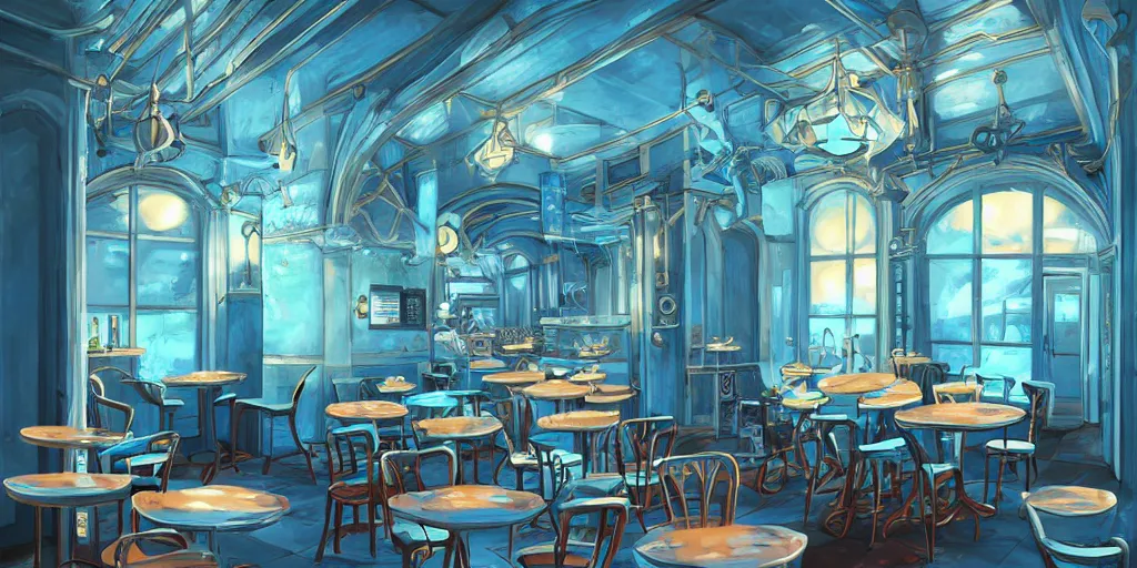 Image similar to cafe interior, blue tones, fantasy art, 2 d game art