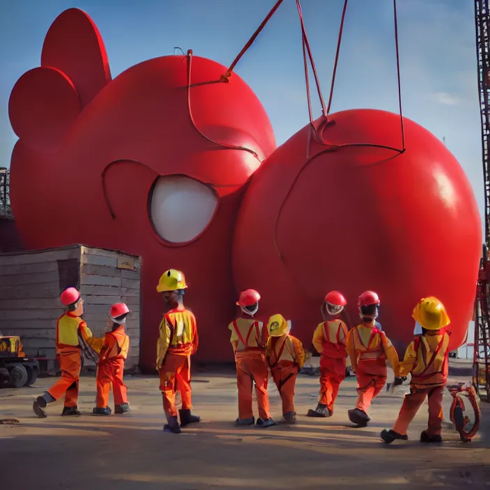 Prompt: crew of workers in red overalls building giant mickey mouse head in small workshop, octane render, 4 k ultra hd, hyper - detailed, realistic, low lighting, sharp focus, in style of beeple