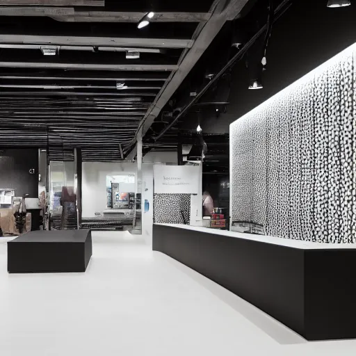 Prompt: interior photography of a Microsoft Samsung flagship store, black walls, wood, polished concrete, spotlights, verdant plant wall, white neon wash, award winning interior design, patterns and textures, retaildesignblog, dezeen, 14mm, 8k, cinestill, pentax, film