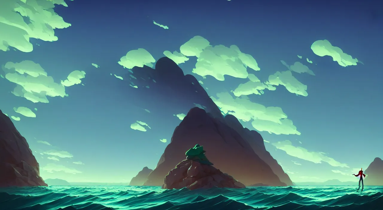 Prompt: a man who has a green square instead of a head in the middle of the ocean at sunset mountains are visible in the background, in marble incrusted of legends heartstone official fanart behance hd by Jesper Ejsing, by RHADS, Makoto Shinkai and Lois van baarle, ilya kuvshinov, rossdraws global illumination