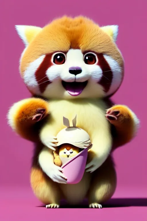 Image similar to high quality 3 d render hyperrealist very cute pastel fluffy! red panda & tarsier hybrid eating giant ice cream, vray smooth, in the style of detective pikachu, hannah yata, very dramatic light, low angle, uhd 8 k, shallow depth or field