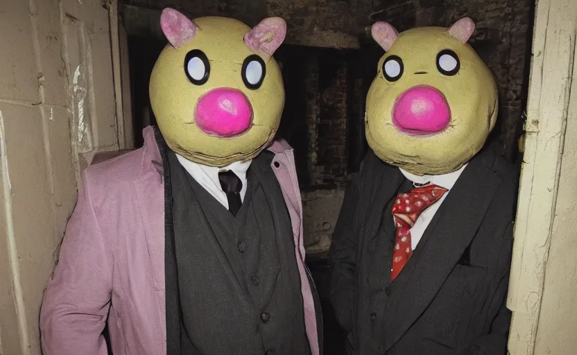 Image similar to mr blobby and noel edmonds waiting for you in a dark alleyway at night, creepy, foggy, silent hill