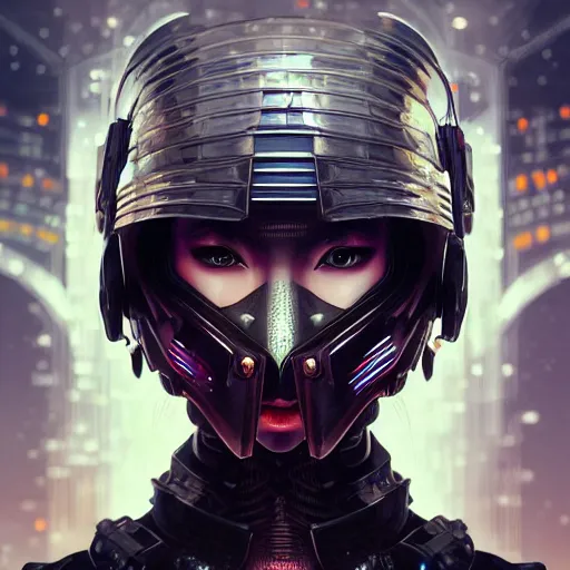 Image similar to portrait of a female cyberpunk samurai, black armored armor, at futuristic cyberpunk tokyo night, ssci - fi and fantasy, intricate and very very very beautiful, highly detailed, digital painting, artstation, concept art, smooth and sharp focus, illustration, art by tian zi and wlop and alphonse mucha