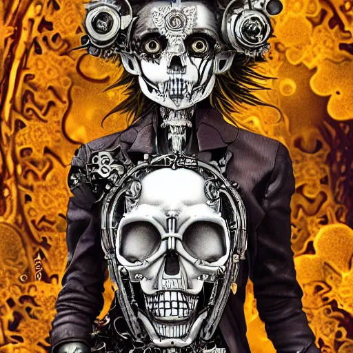 Image similar to surreal manga anime photo portrait of complex bio - mechanical beautiful young female skeletal cyborg with a mandelbrot fractal steampunk metal skull face, disney, retrofuturistic depressing, floral foliage, rococo, steampunk, 8 k