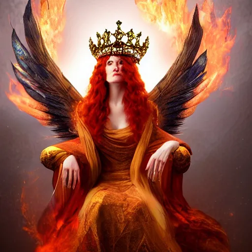 Regal fiery bird, sitting on a throne with a crown on | Stable Diffusion