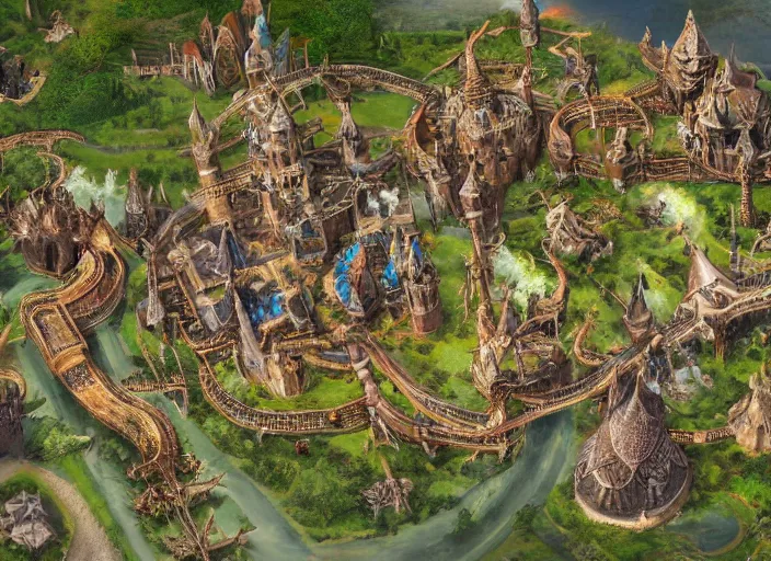 Prompt: close overhead view of a medieval fantasy theme park with knights and dragons,