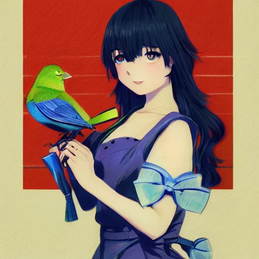 Prompt: colored pencil, anime art, beautiful full body female pinup girl, holding an indigo bunting bird, the bird is wearing a bowtie, wlop, rossdraws sakimimichan, ilya kuvshinov, krenz cushart, greg rutkowski