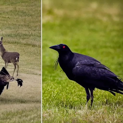 Prompt: crows poking donald trump in the eye and a deer spiking his legs