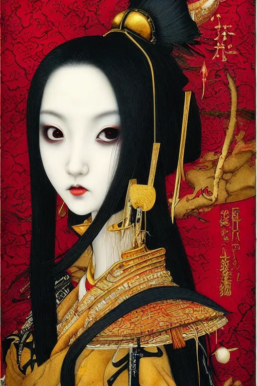 Image similar to watercolor painting of a japanese bjd geisha vampire queen with a long neck by tom bagshaw, ayami kojima, mark ryden in the style of thoth tarot card, dark - fantasy, red, gold, black