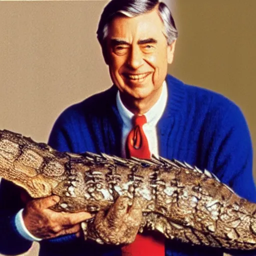 Image similar to mr. rogers proudly displaying a skinned alligator. 1 9 7 0 s color photo.