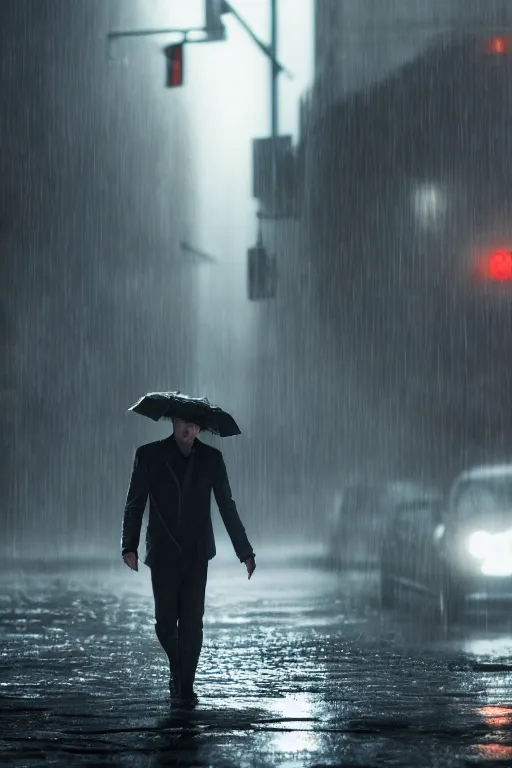 Image similar to cinematic of liam neeson as spiderman, dramatic rain, 8 k, moody lighting