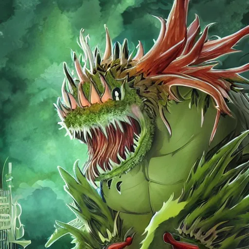 Image similar to Plant monster with toothed jaws and amber teeth, green thistle fur, anime visual, trending on art station