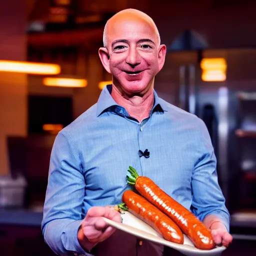 Image similar to jeff bezos launching a new type of sausage, smiling, happy, product launch, sausage, food photography, announcement, canon eos r 3, f / 1. 4, iso 2 0 0, 1 / 1 6 0 s, 8 k, raw, unedited, symmetrical balance, wide angle